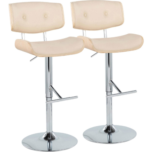 Lombardi Adjustable Swivel Bar Stool in Chrome, Natural Wood & Cream Leatherette (Set of 2)